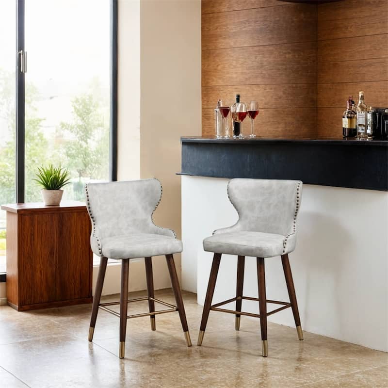 Modern Faux Leather Tufted Nailhead Trim Counter Stool Set of 2