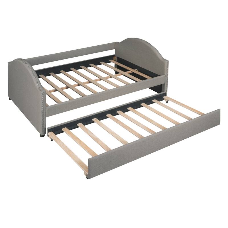 Full size Upholstered Daybed with Twin Size Trundle, Wood Slat Support, Beige