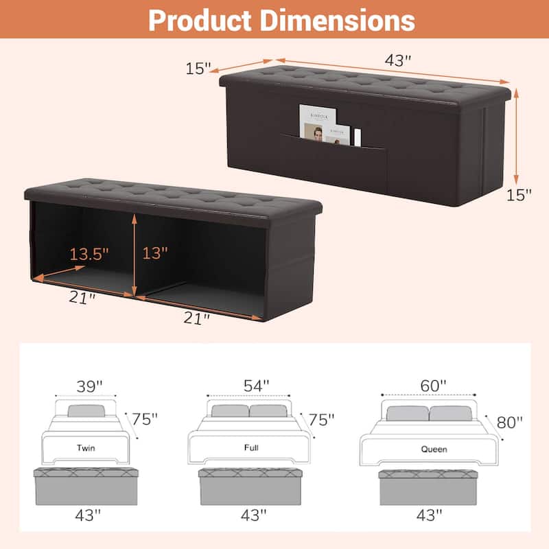 Costway 43 Inches Folding Storage Ottoman Bench with Side Pocket