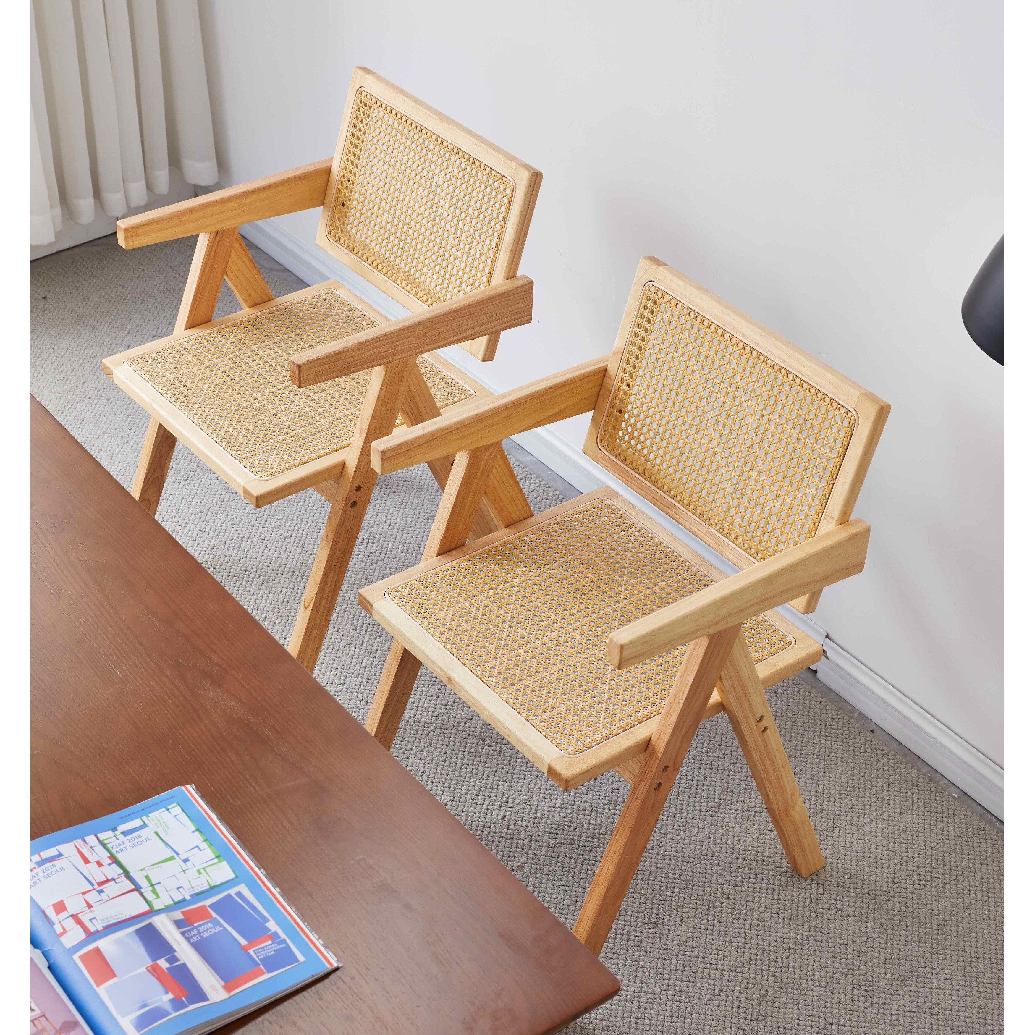 Rubberwood Dining Chair Fake Rattan Armchair Set Of 2 Bed Bath