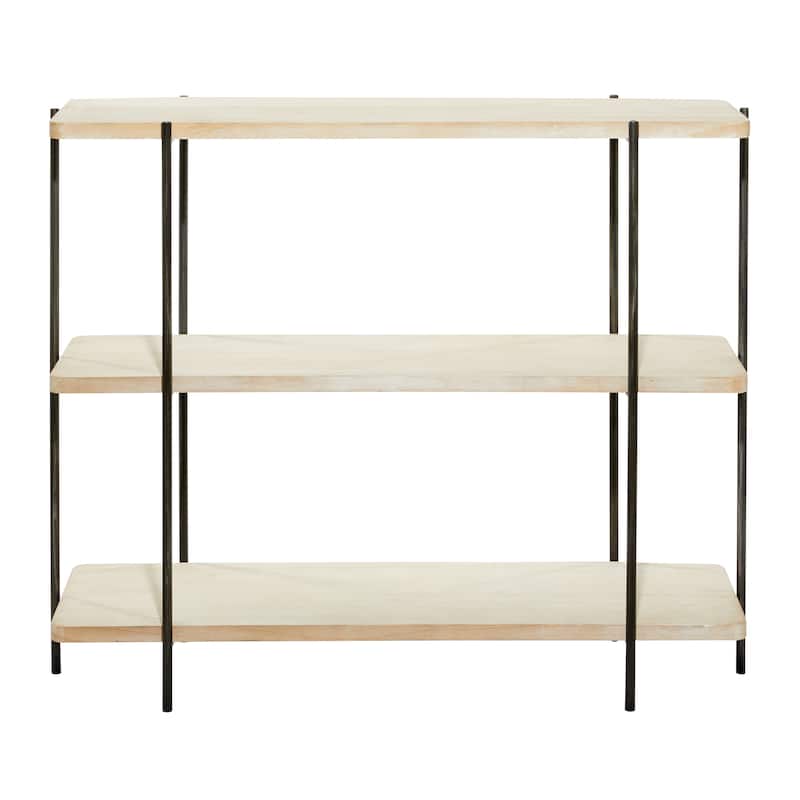 Wood Rounded Rectangular 2 Shelf Console Table with Slim Black Metal Legs - Beige - Roche River Decor - 14"W x 40"L x 32"H