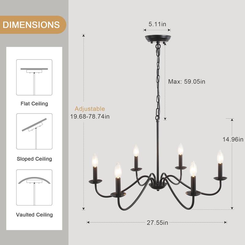 6-Light Rustic Farmhouse Simple Candle Chandelier for Bedroom, Kitchen, Living Room and Foyer