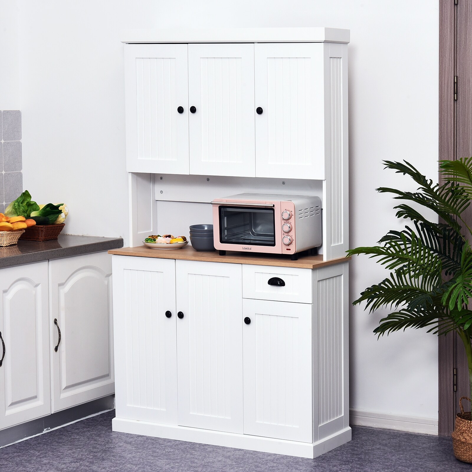 Shop Homcom 71 Wood Kitchen Pantry Storage Cabinet Microwave Oven Stand With Storage White Oak Grain Overstock 31486110