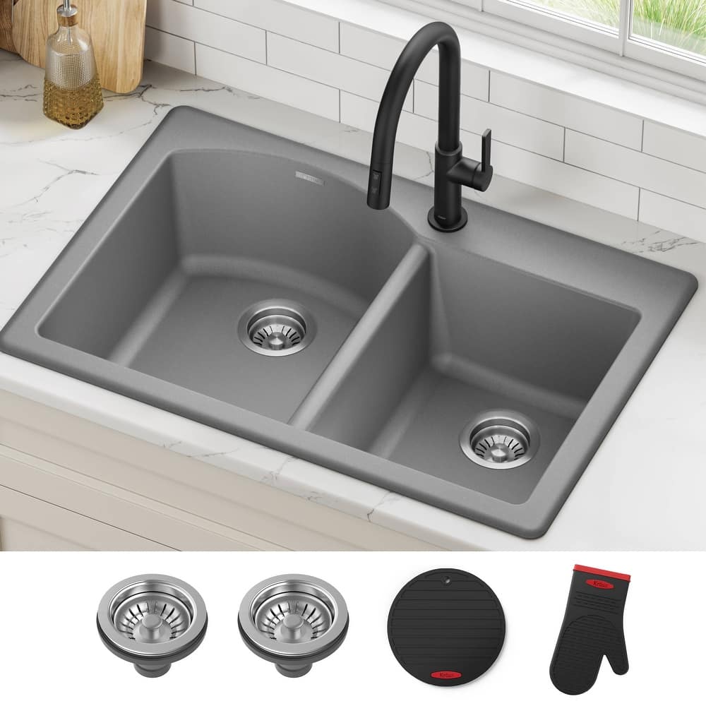 KRAUS Forteza Granite 33 inch 60/40 Undermount Drop-in Kitchen Sink