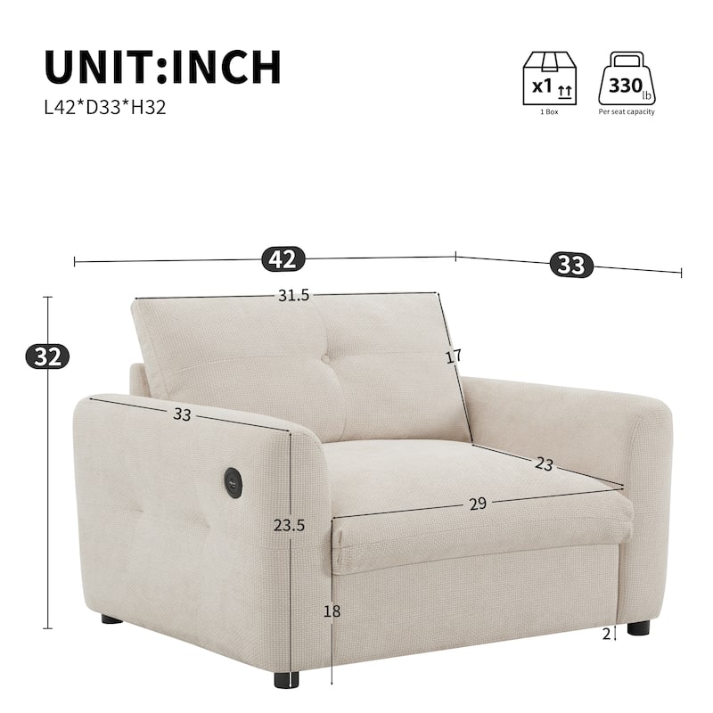 Single Sofa Chair with Dual-Port Charger, Chenille Tufted Upholstered Lounge Chair, Comfy High-Density Foam Armchair - Beige