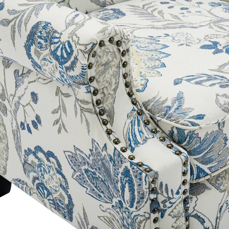Traditional Floral Patterned Wingback Armchair with Nailhead Trim