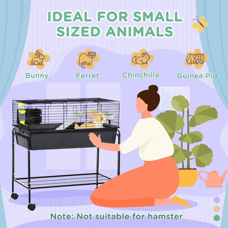 Small Animal Playpen Cage with Stand, Wheels & Storage Shelf - 33" L x 18.5" W x 35.25" H