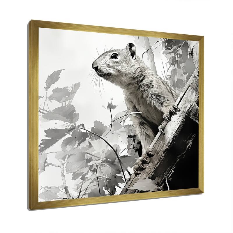 Designart "Black White Squirrel Forest Acrobat I" Squirrel Wall Decor Grey Modern Entryway Framed Wall Art