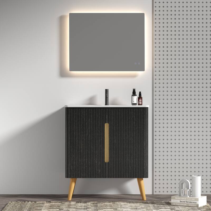 Etna 30" Brushed Black Oakt Bathroom Vanity with Sink, Freestanding & Wall Mounted Bathroom Cabinet Options for Modern Bathrooms - Black