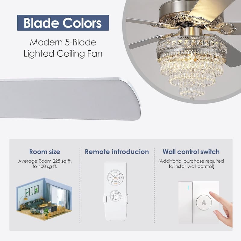 52"/62" Modern Crystal Chandelier Ceiling Fan Light,Reversible Airflow,E12 Bulbs,for Bedroom,Kitchen,Patio