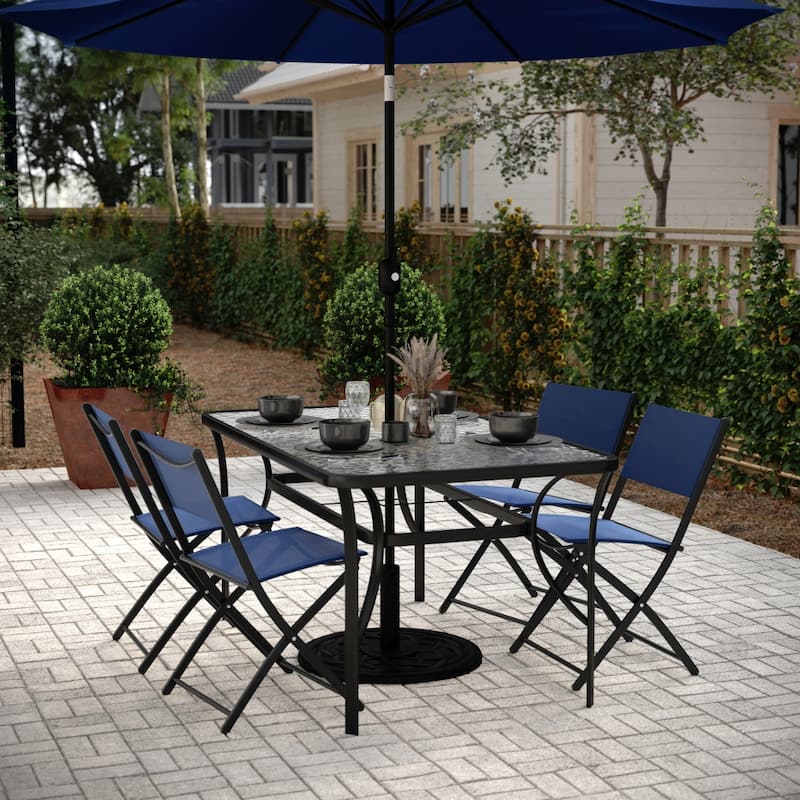 Commercial Tempered Glass and Steel Patio Table with Umbrella Hole - Clear Top/Black Frame