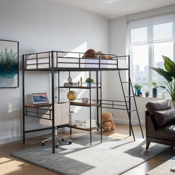 slide 2 of 30, Artsy Twin Size Metal Loft Bed and Built-in Desk and Shelves, Black Black