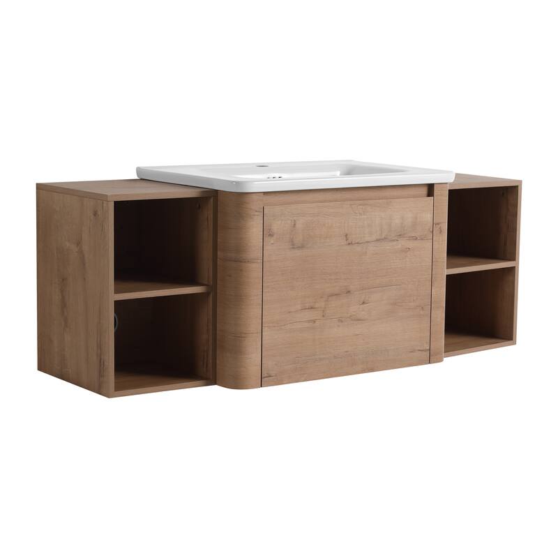 Wall-Mounted Bathroom Vanity with Ceramic Sink - Imitative Oak