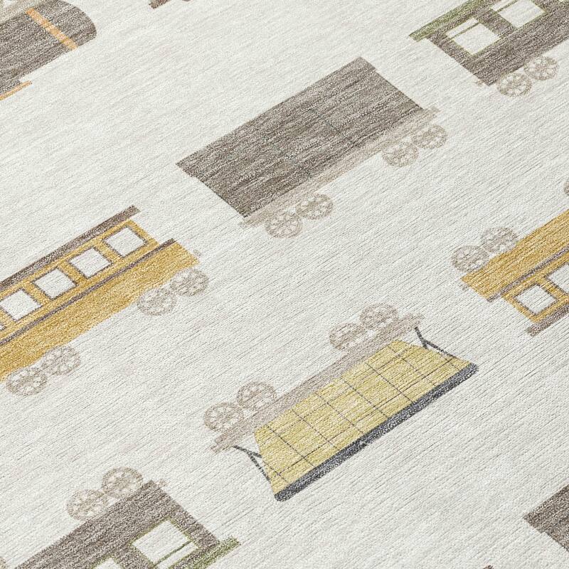 Machine Washable Indoor/ Outdoor Modern Train Chantille Rug
