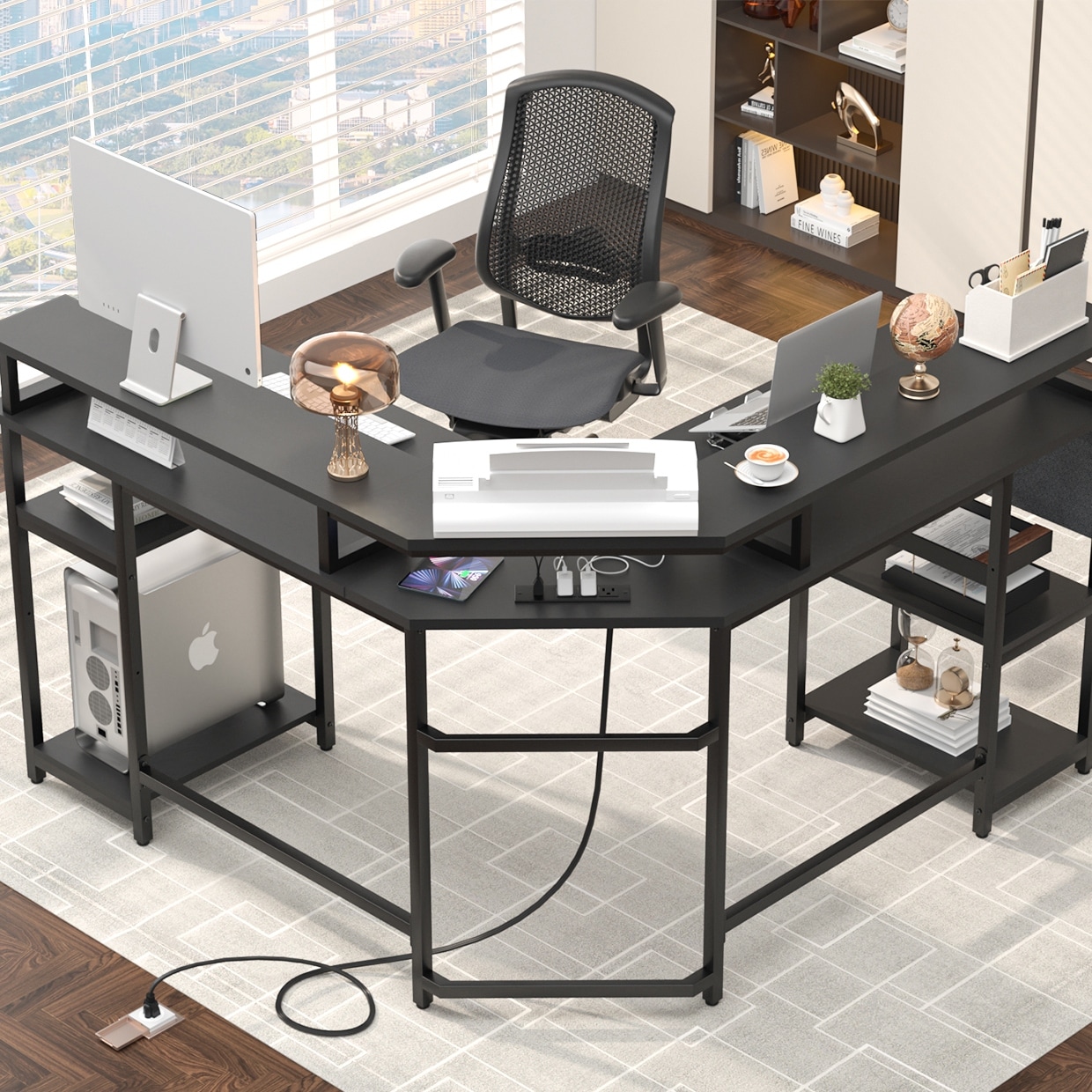 L-Shape Corner Desk with Charge Station, Computer Table with Storage Shelves, image size:1240x1240