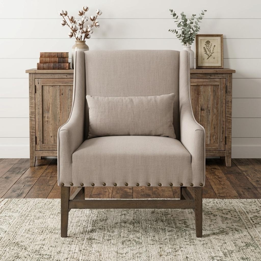 HomeRoots 30" Gray and Beige Fabric and Solid Wood Wingback Chair - 29.50 in. x 35.75 in. x 28.25 in.