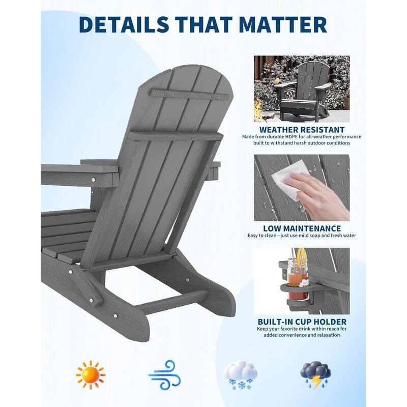 Adirondack Chair Set of 2 with Side Table All-Weather HDPE Wood-Look Texture Cup Holders