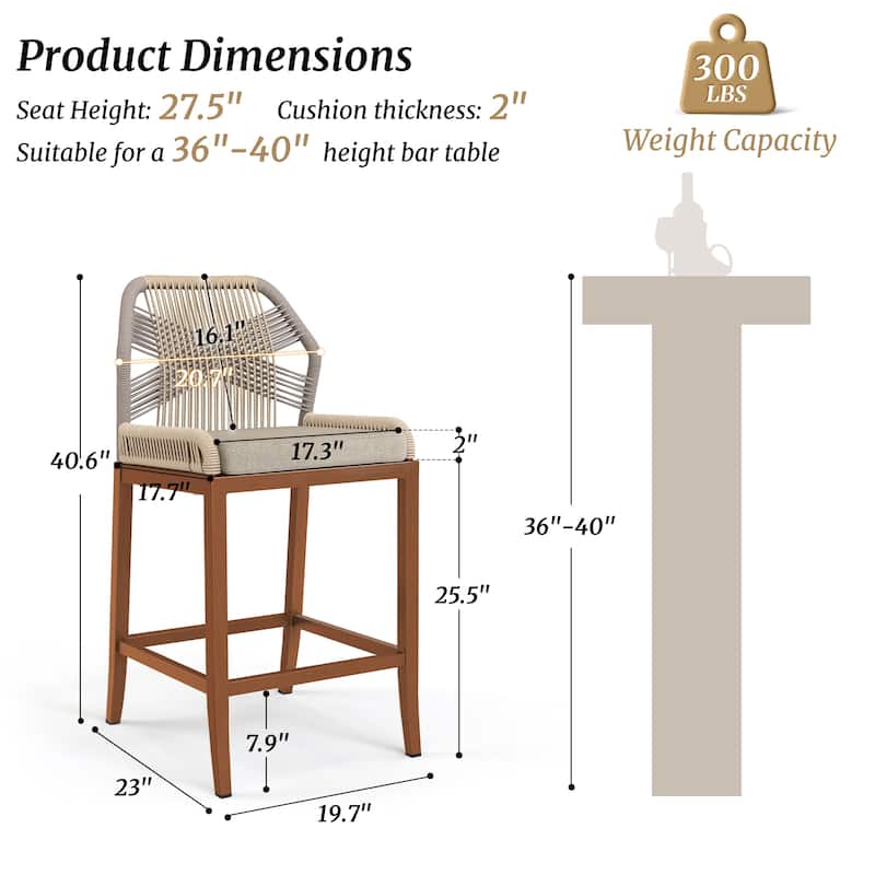 2 Set Modern Aluminum Twill Woven Outdoor Bar Stool Chair Set, Counter Height Stool with Back and Cushion - 40.6"H