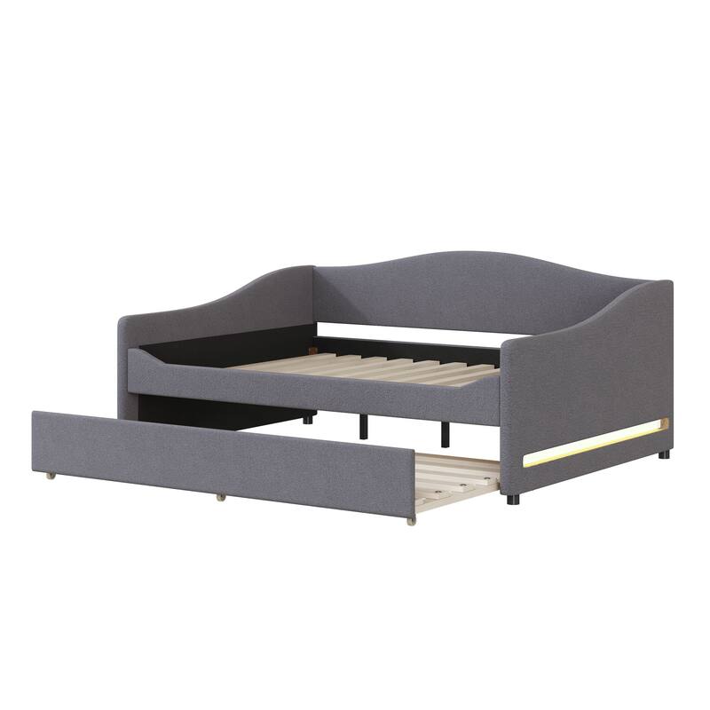 Modern Twin/Full Upholstered Daybed with Light Stripes and Pull-Out Trundle