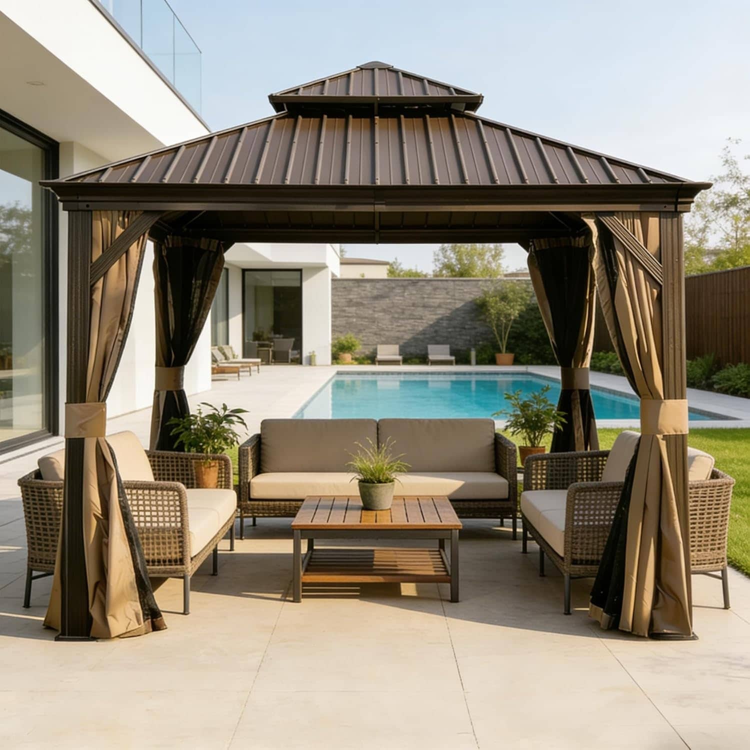 GDFStudio - 13x13FT Outdoor Hardtop Gazebo with Galvanized Steel Double Roof, Drainage System & LED Lighting Ready