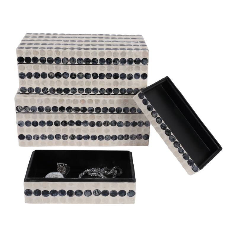 Dotted Decorative Box with Lid - Set of 3, 8", 11", 12", Ivory & Blue - 12.0"