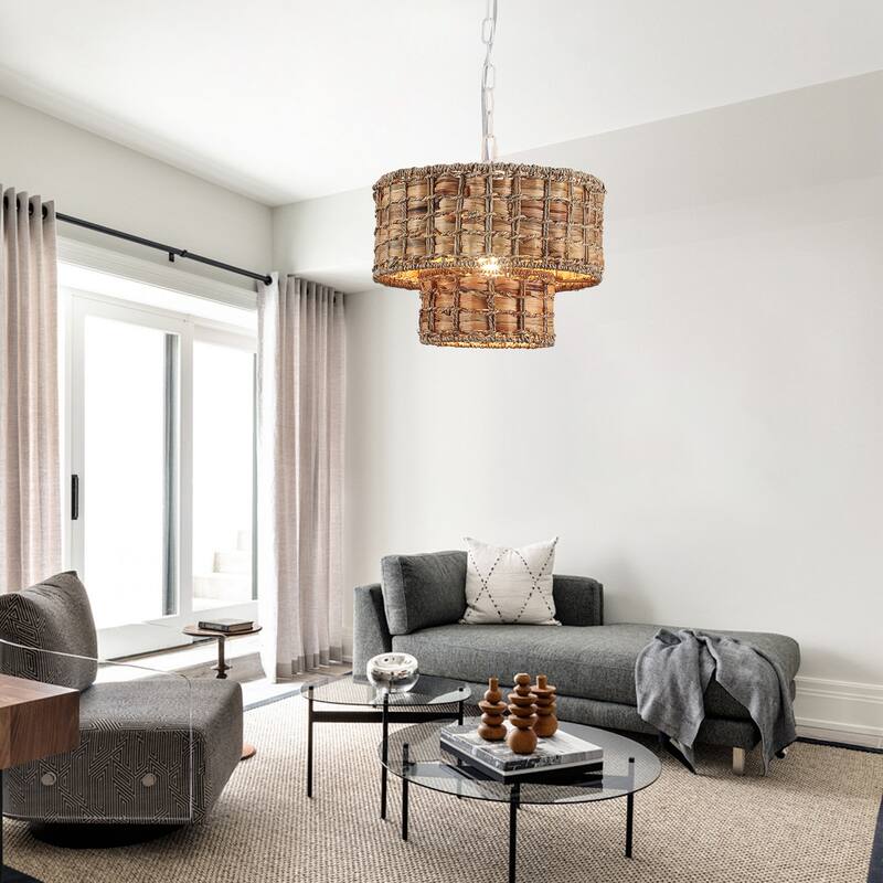 1-Light Farmhouse 2-Tier Metal Hanging Pendant Light Kitchen Island with Rattan Cover for Dining Room