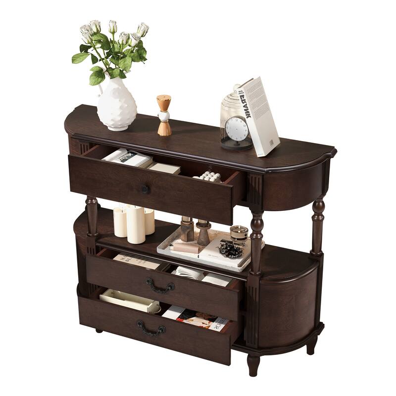 43"Retro Curved Wood Console Table with 3 Drawers and Storage Shelf