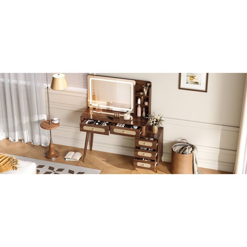 Makeup Vanity with Mirror & Lights, 3 Color Lighting Modes Adjustable Brightness, Dressing Table with 5 Drawers & Storage Shelf