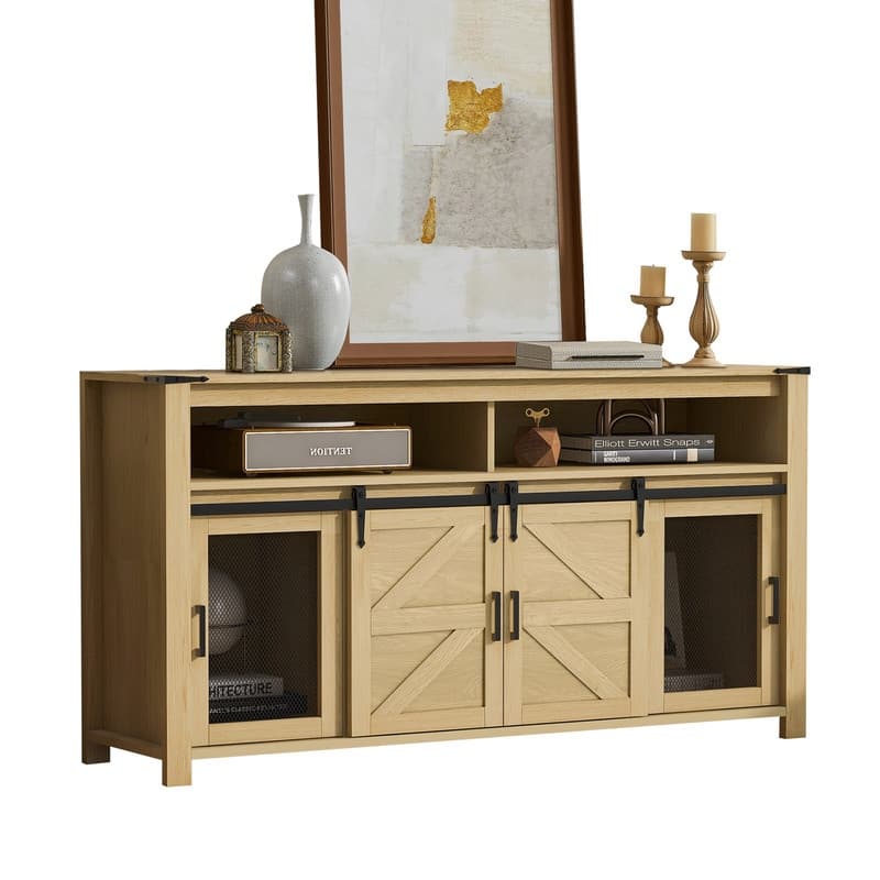 Farmhouse 59.3" Sideboard Buffet with Sliding Barn Doors and Open Storage for Living or Dining Spaces