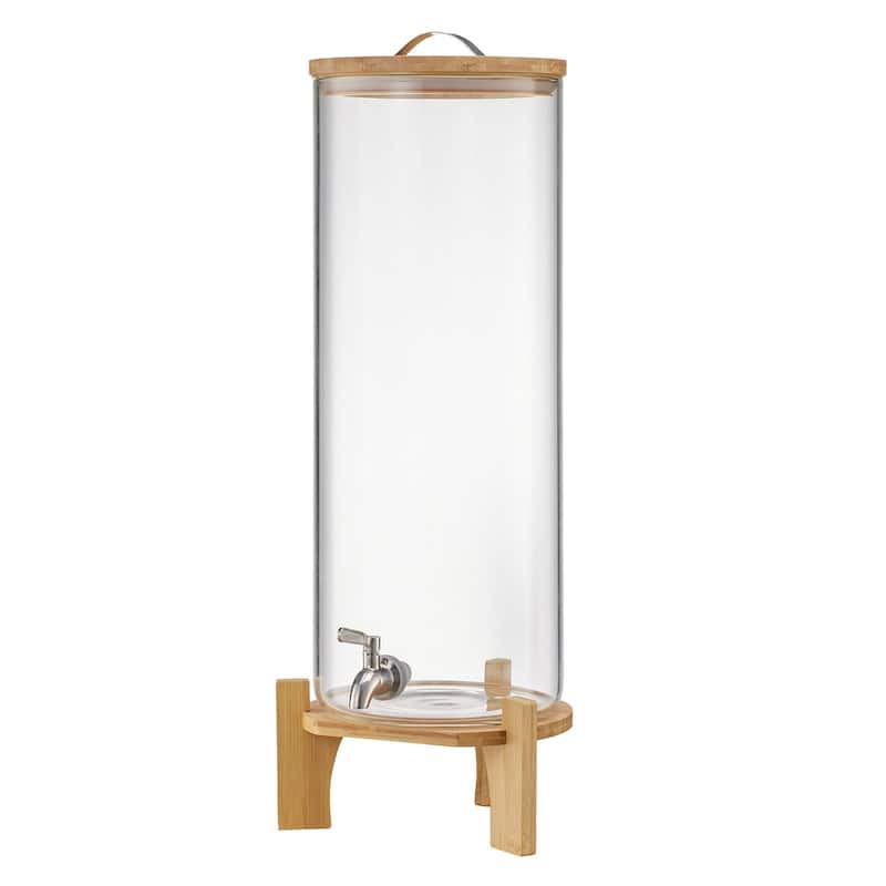 Transparent Borosilicate Glass Single Cylinder Beverage Dispenser 3.5 Gal with Wicker Stand - 9.06 x 9.06 x 26.77 in