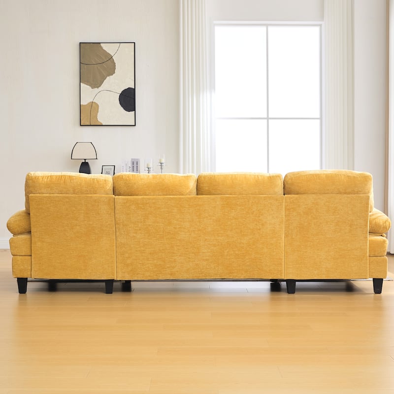 U-shaped 103.5" Chenille Fabric Sofa with Dual Chaise, Storage & Pillows, Yellow