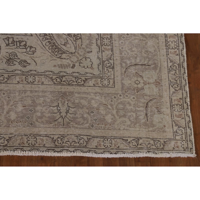 Distressed Tabriz Persian Vintage Rug Hand-Knotted Beige Wool Carpet - 8'0"x 10'7"