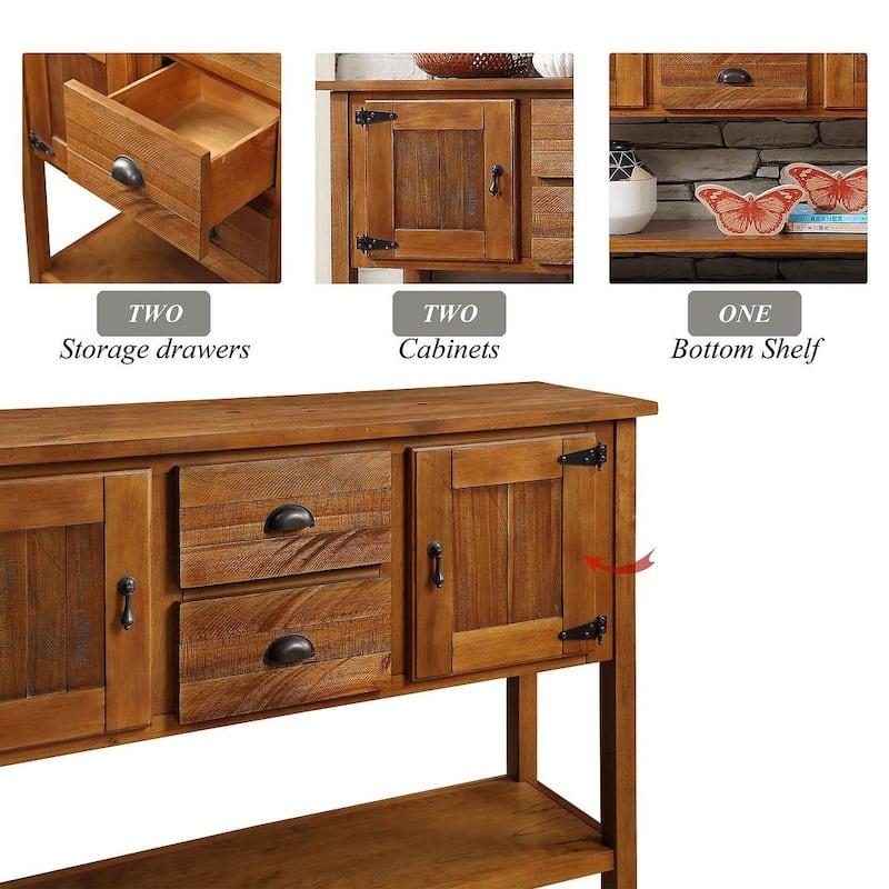 48" Solid Wood Hall Table Console with 2 Drawers and Cabinets and Bottom Shelf
