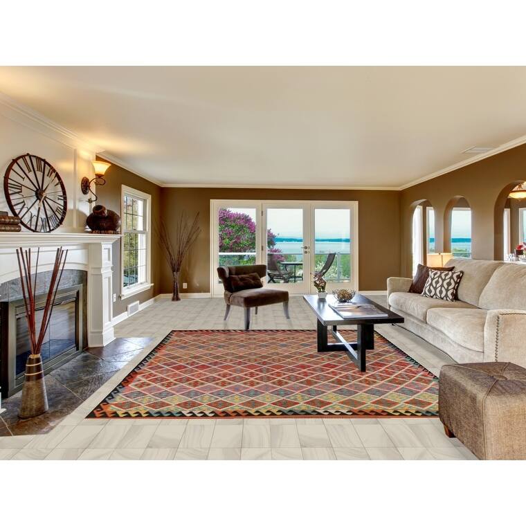 All-Over Trellis Kilim Area Rug Flatweave Wool Carpet - 8'3" x 9'10"
