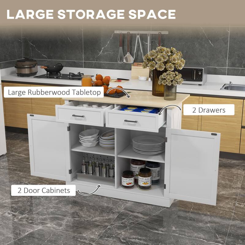 Rolling Kitchen Island with Drop Leaf, Wood Extendable Breakfast Bar, Kitchen Cabinet with Adjustable Shelves - White