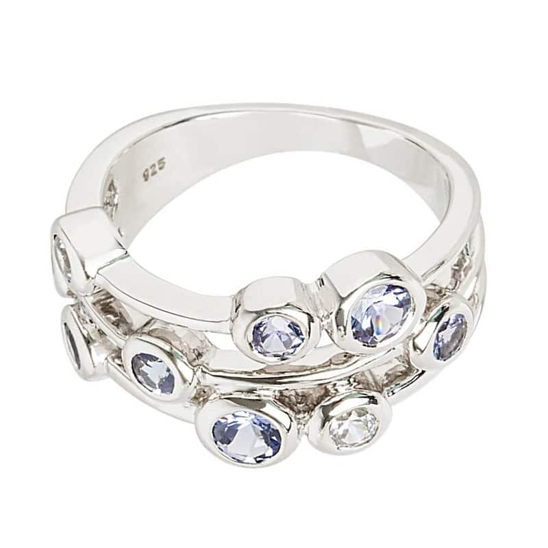 925 Sterling Silver Tanzanite And White Natural Zircon Cluster Ring