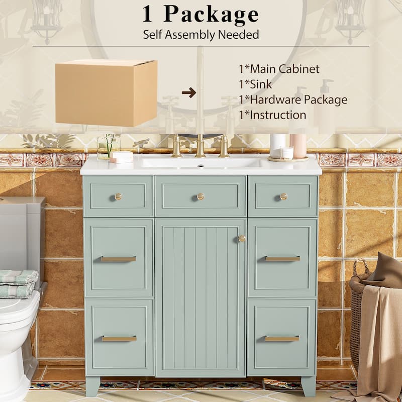 36 Inch Freestanding Bathroom Vanity with White Ceramic Basin and Door and Drawers