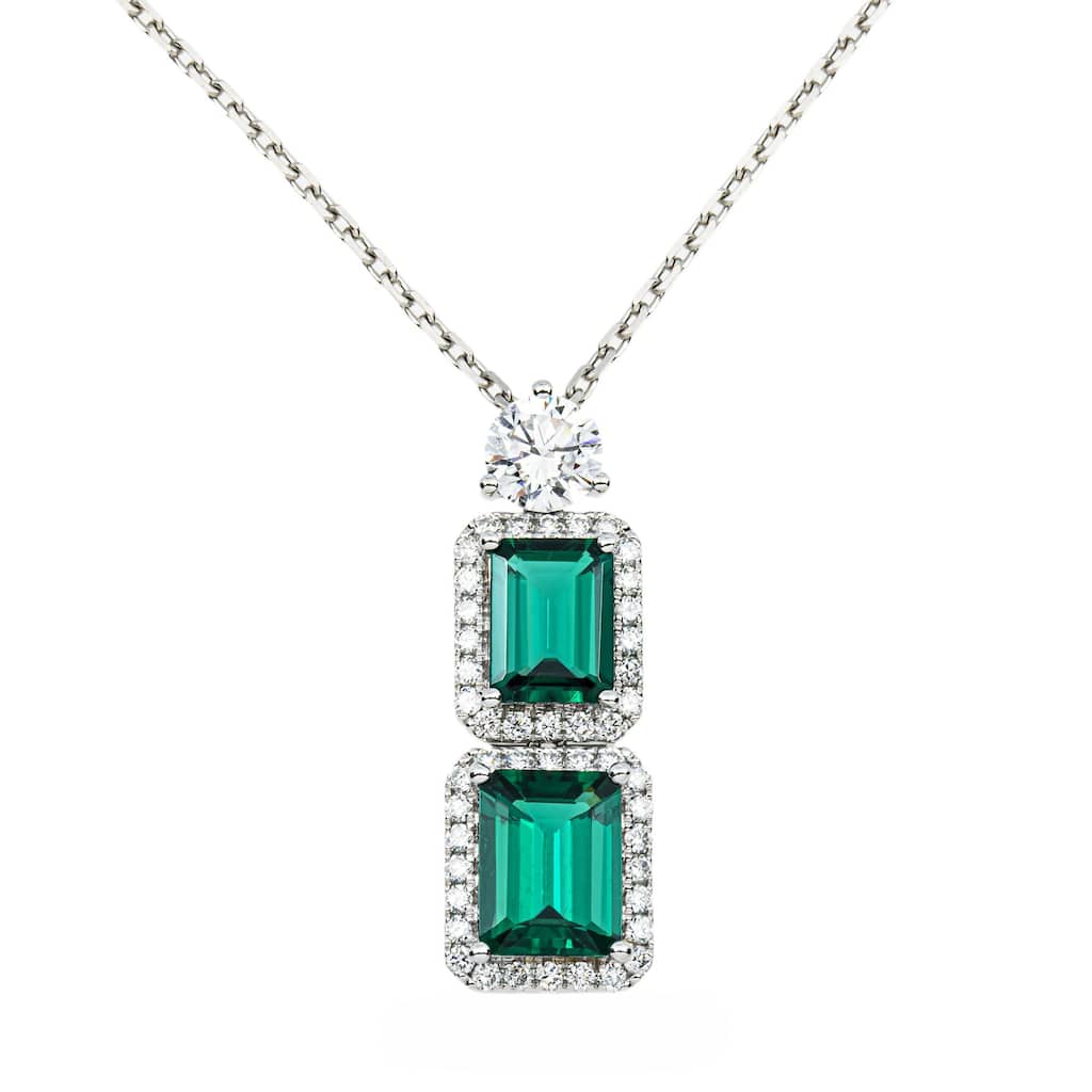 House Of Leon White Gold Emerald & Round Diamond Drop Necklace 3.94ct