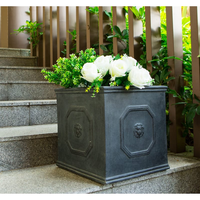 Kante Lightweight Classic Square English Style Lion Head Planter, 10.2 Inch Tall, Antique Gray