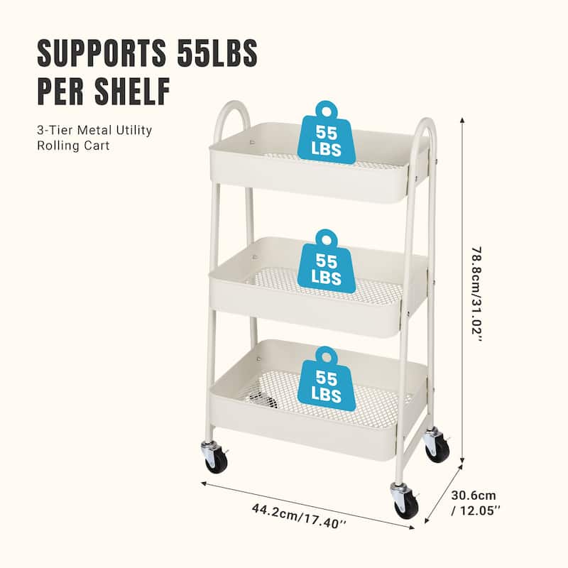 Versatile 3-Tier Rolling Storage Cart - Locking Wheels, Heavy Duty Metal Frame for Home & Office Organization