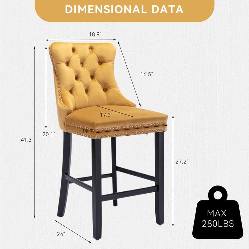Wing Back Velvet Tufted Nailhead Barstools(Set of 2)