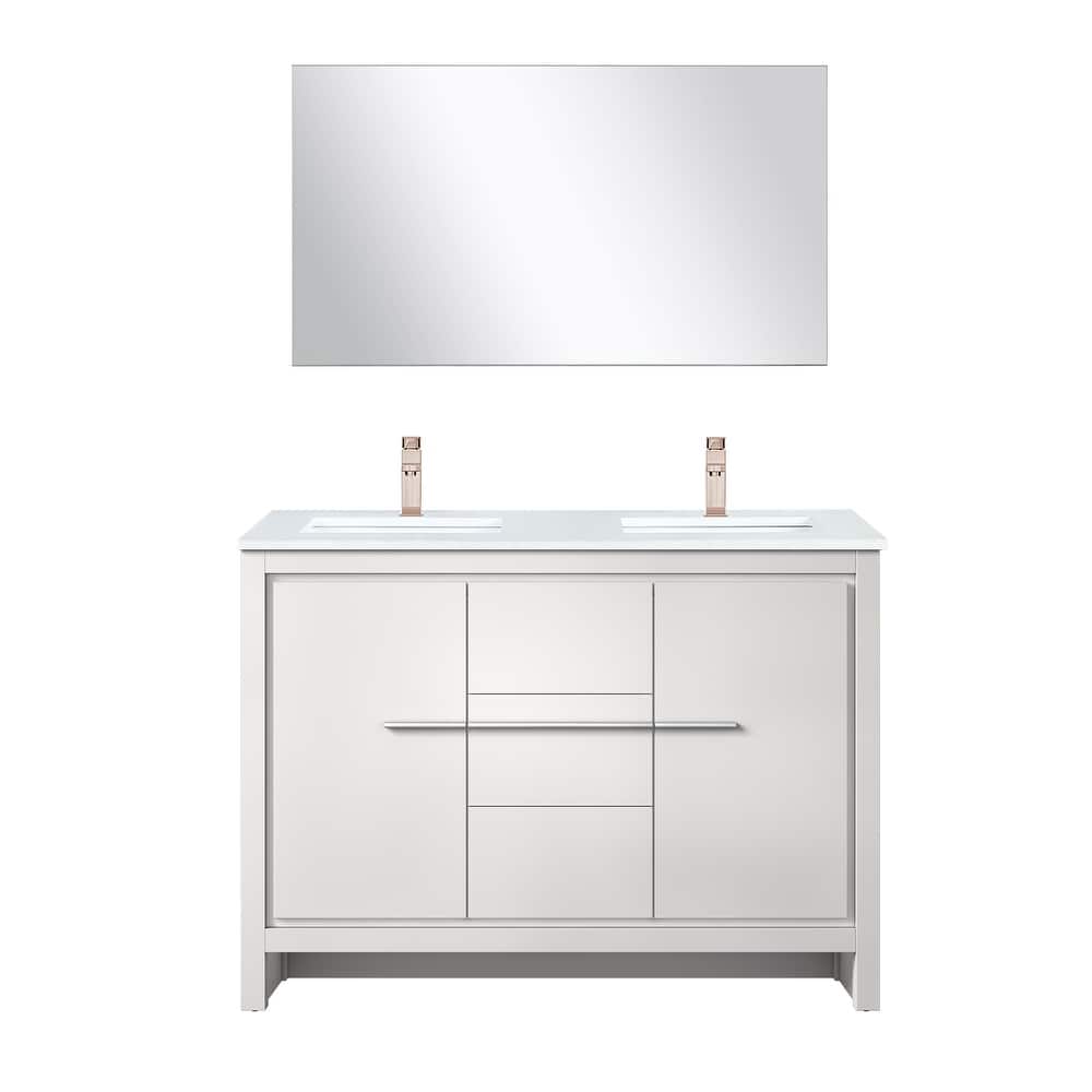 Lafarre Bath Vanity with Cultured Marble Top, Sink, Mirror and Rose Gold Faucet