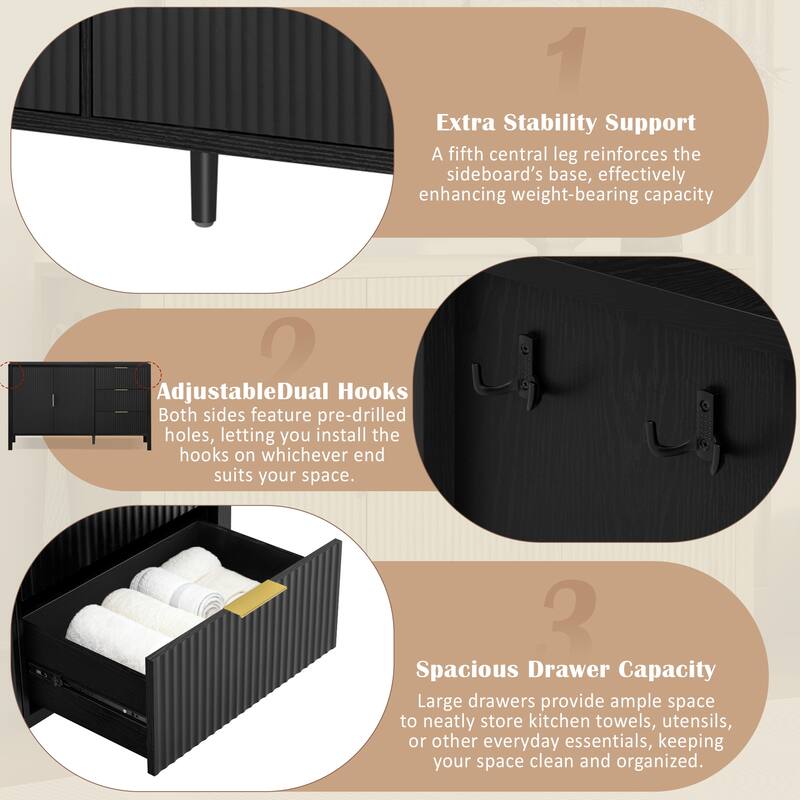 Roomfitters Sideboard Buffet Cabinet with 3 Drawers, 2 Door Mid-century Fluted Accent Storage for Kitchen & Dining