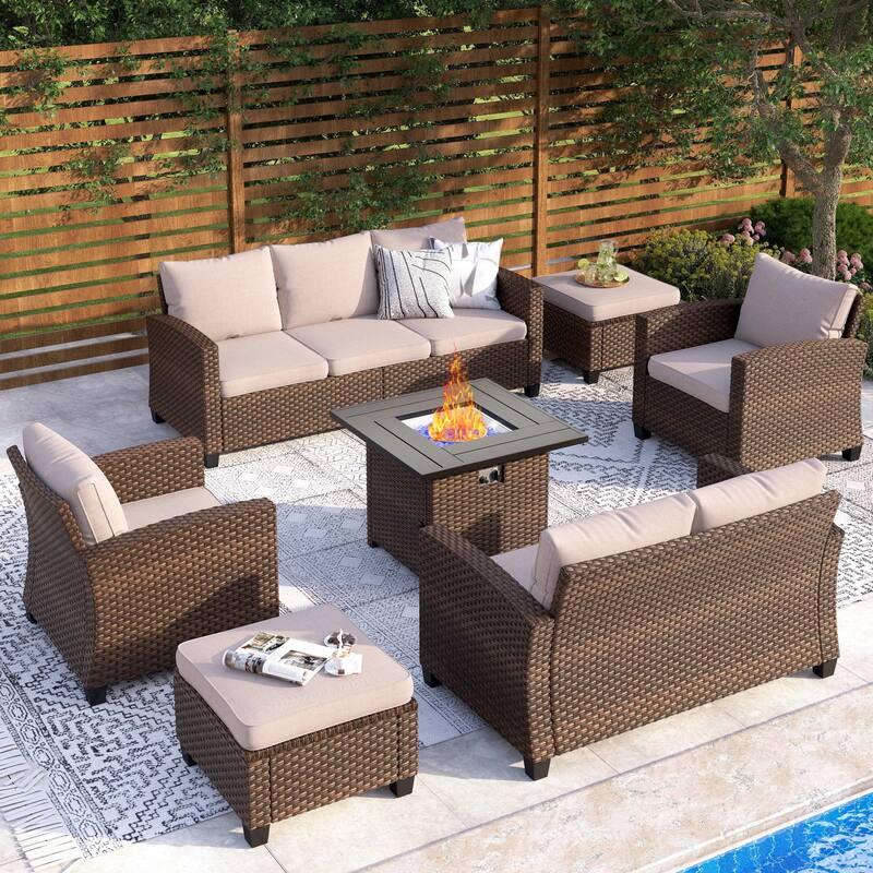 9-Seat Patio Furniture Wicker Rattan Outdoor High-back Sectional Sofa Conversation Set with Firepit Table - 9 Seats + 32" Fire Pit - Beige