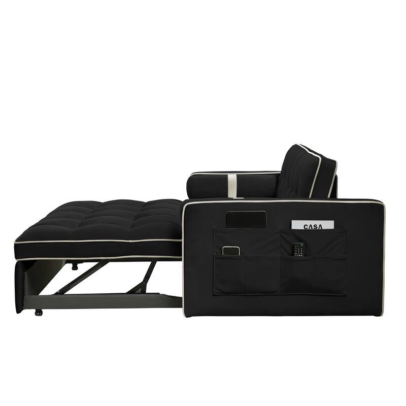 Velvet Pull Out Sleeper Sofa Bed, Adjustable Backrest Upholstered Tufted Couch Futon Sofa with 2 Pillows, Pockets