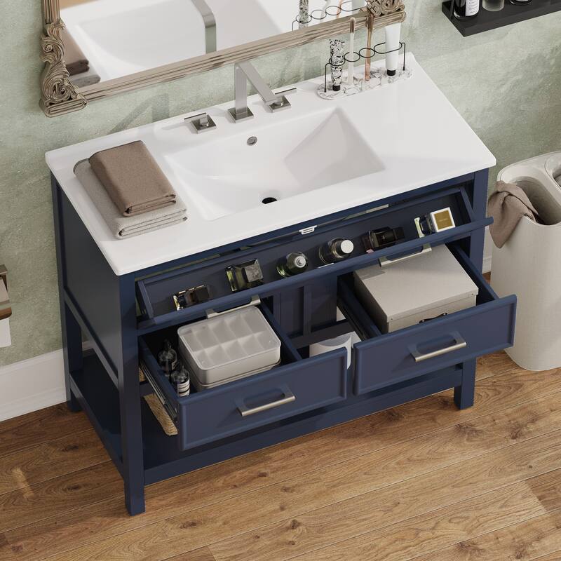 Bathroom Vanity with Sink, Multi-Functional Wood Bathroom Cabinet, Vanities Set with Open Shelf, Tip-Out Tray & 2 Drawers