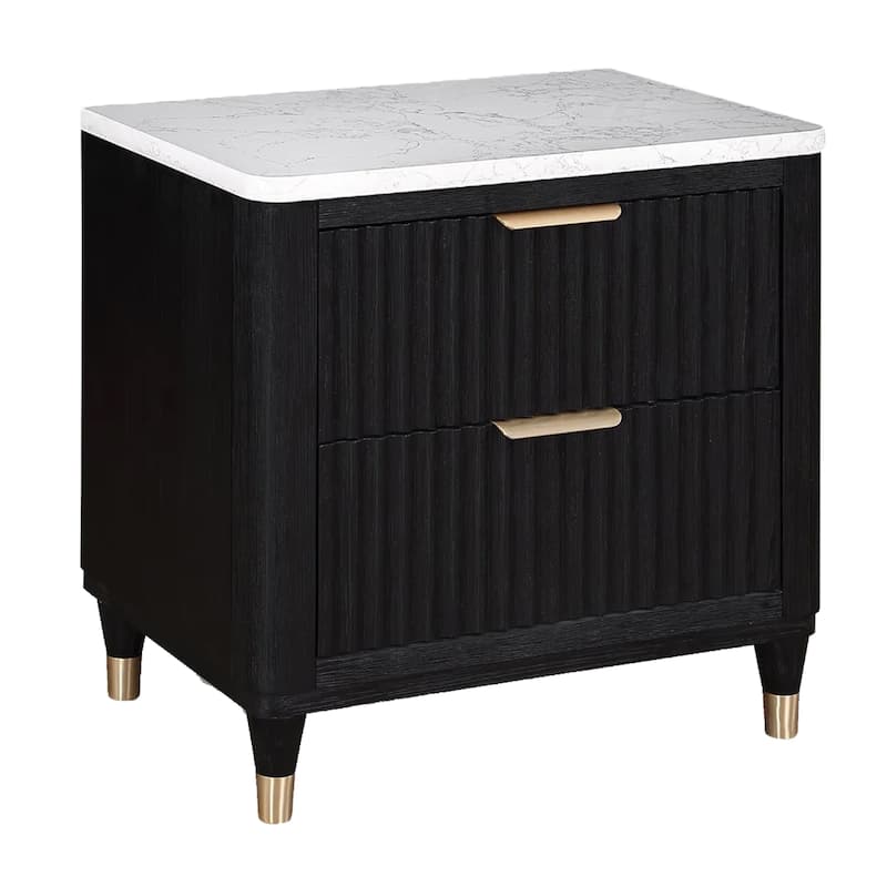 Frey Nightstand with 2 Drawers, White Faux Stone Top, Brass Legs, Black