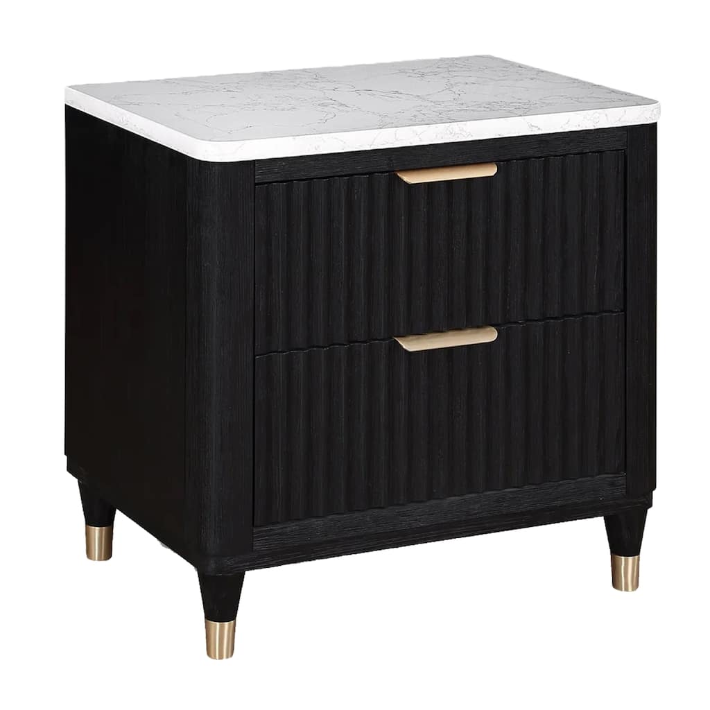 Frey Nightstand with 2 Drawers, White Faux Stone Top, Brass Legs, Black