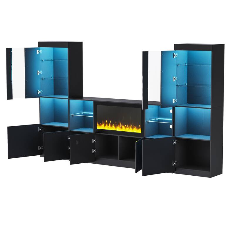 Roomfitters Modern TV Stand with Electric Fireplace, High Gloss Entertainment Center for TVs up to 75"