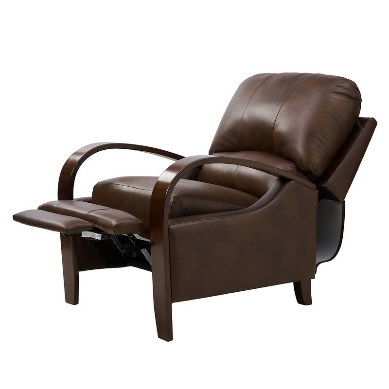 Alex Mid-century Modern Genuine Leather Manual Recliner with Wooden Curved Arms